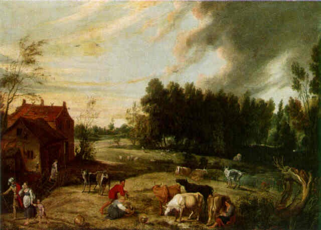 A River Landscape With Peasants Feeding And Milking Cows Others