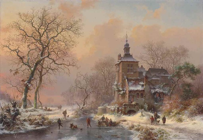 Winter Landscape With Skaters On A Frozen River By Frederik Marinus