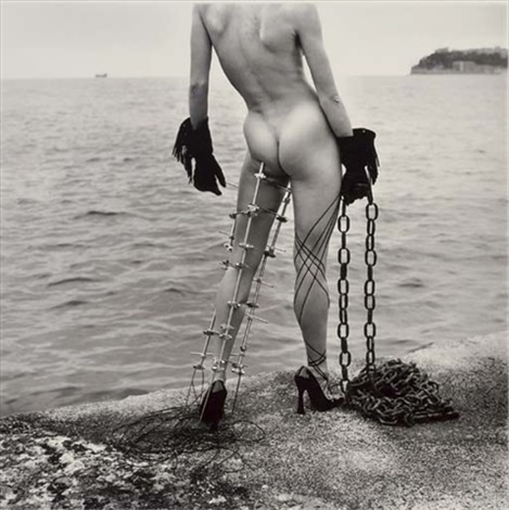 Nude In Black Gloves And Metal Leg Support By The Sea Monte Carlo By