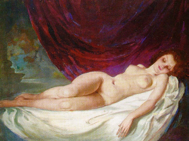 A reclining female nude on a blanket by Mária Szánthó on artnet