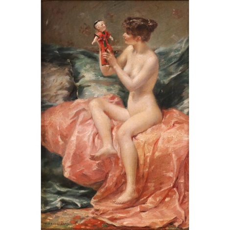 A Nude Seated On A Bed With A Japanese Doll By Pierre Desire Eugene