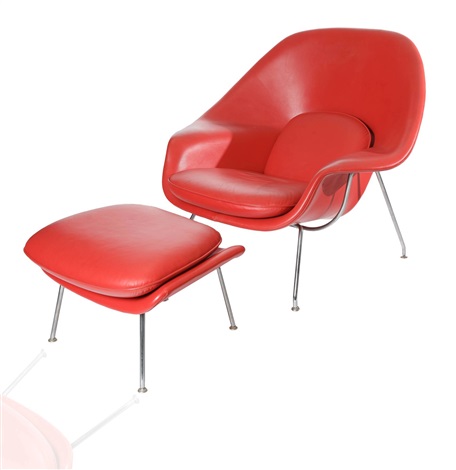 A Red Womb Chair And Footstool Designed By Eero Saarinen Finish