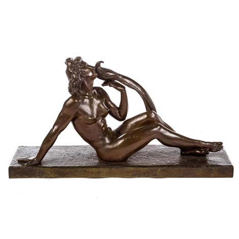 Lucien C Alliot Female Nude With Peacock Bronze By Lucien Charles