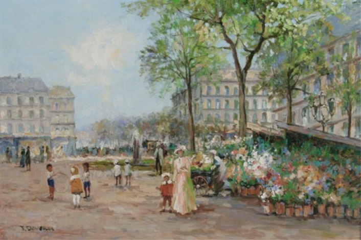 Paris street scene with flower stand by Jacques Deveau on artnet