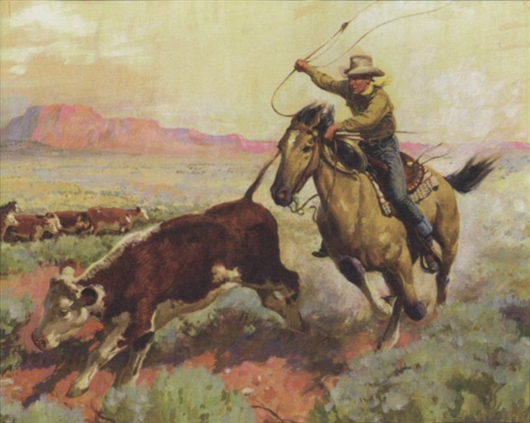 Cowboy roping runaway, other cattle in background by Charles Louis la ...