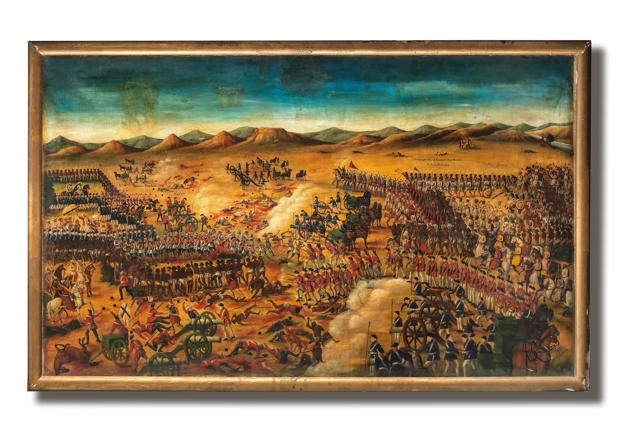 A large painting depicting the Battle of Condore in December 1758 ...