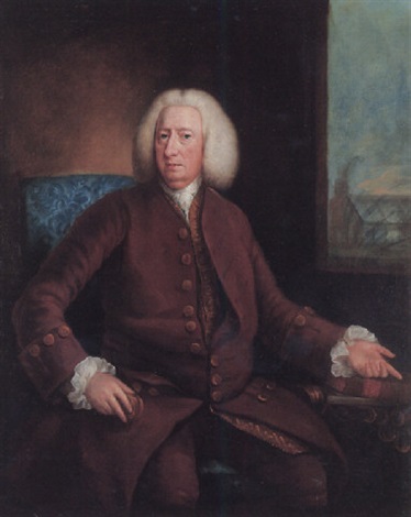 Portrait of John Blackburn of Orford Hall, seated, pointing to a copy ...