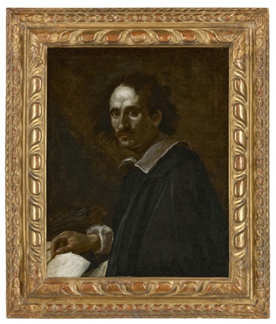 Portrait of an architect, half-length, in black robes, holding a pair ...