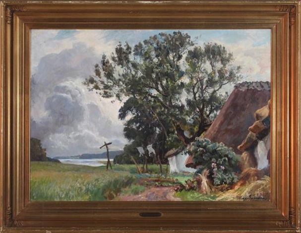 Farm exterior with hens by Viggo Pedersen on artnet