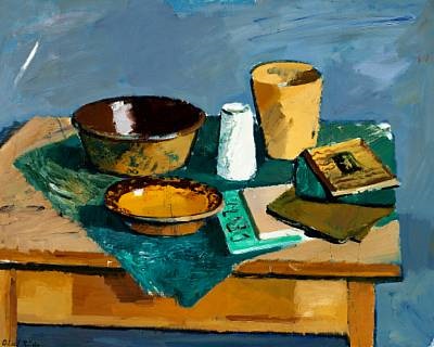 Still life with bowls on a table by Olaf Rude on artnet