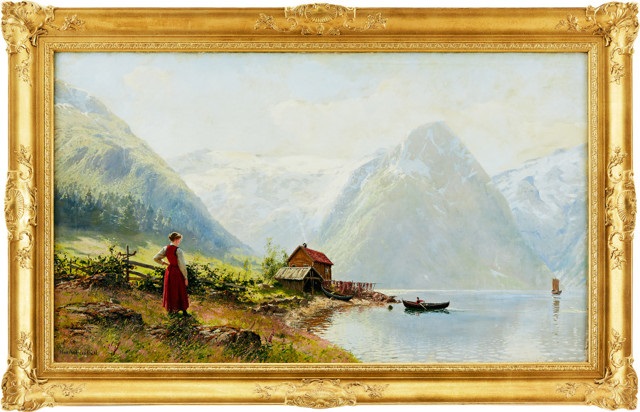 A Norwegian fjord landscape with a woman overlooking the water by Hans ...