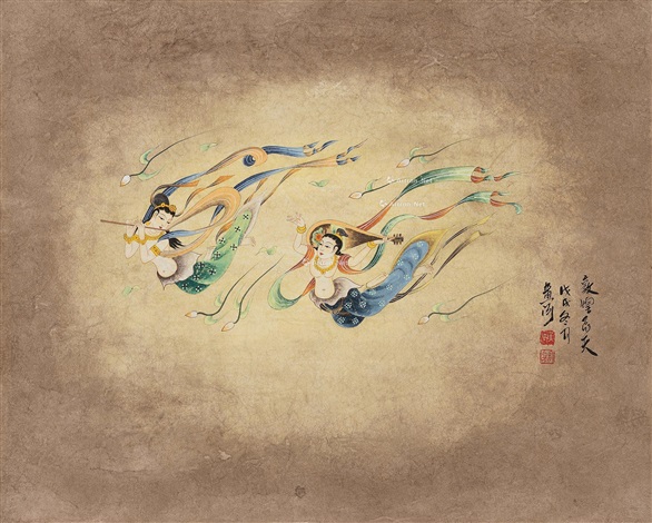 敦煌飞天镜心设色纸本flying apsaras of dunhuang by Huang He on artnet