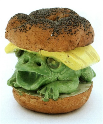 A frog sandwich with cheese on a bagel by David James Gilhooly on artnet