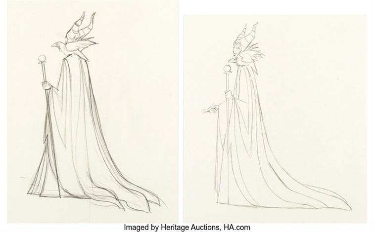 Sleeping Beauty Maleficent and Diablo Animation Drawing Group of 2 Walt ...